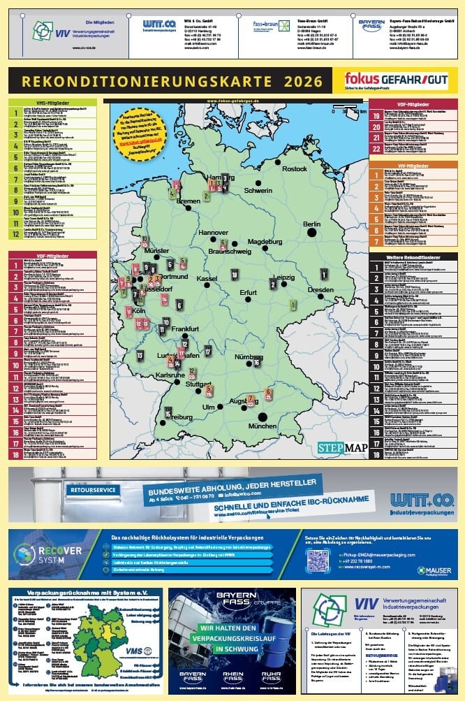 Map of Germany showing reconditioning locations for industrial packaging and recycling services.