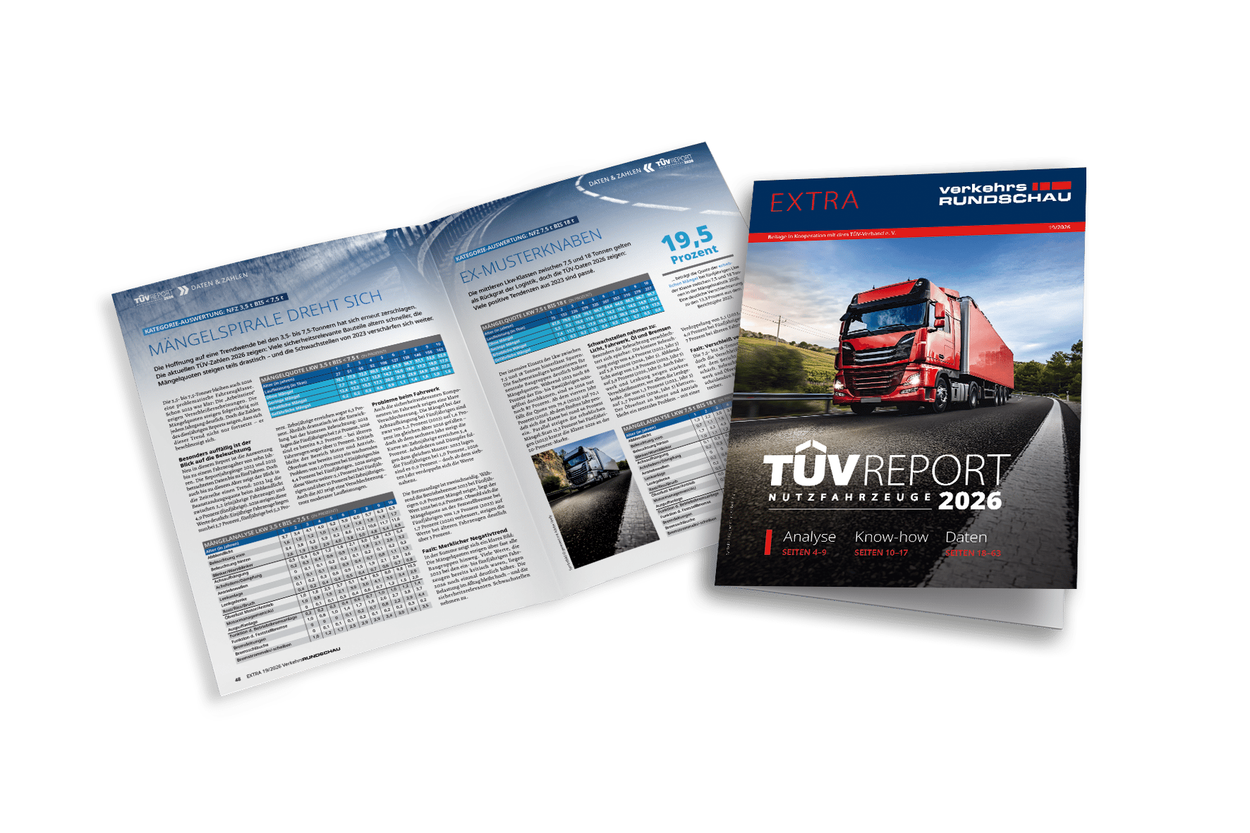 Two TÜV reports, one open showing statistics, the other closed with a red truck on the cover, titled "NUTZFAHRZEUGE 2026".