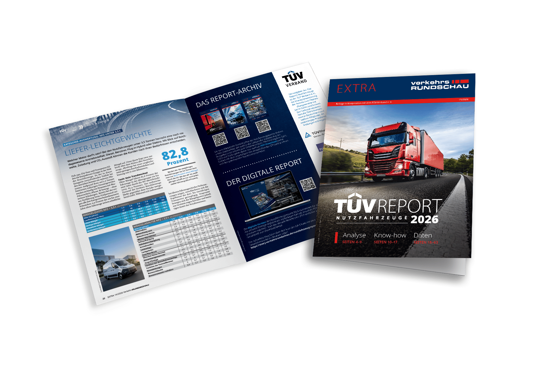 TÜV Report Commercial Vehicles 2026 magazine, one open with data and archive, one closed with cover.