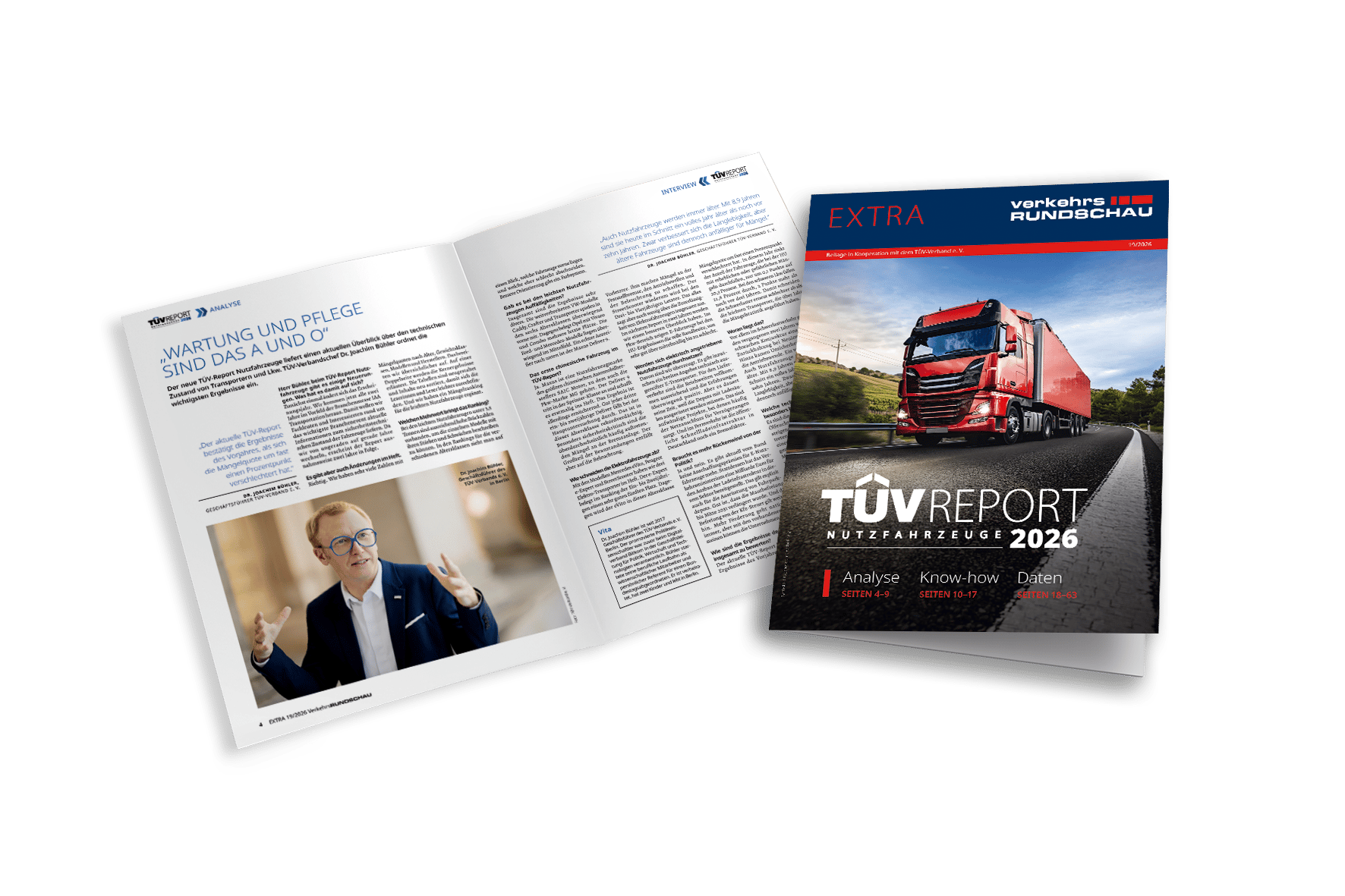Two copies of a TÜV Report magazine for commercial vehicles, one open showing an article and one closed with a truck on the cover.