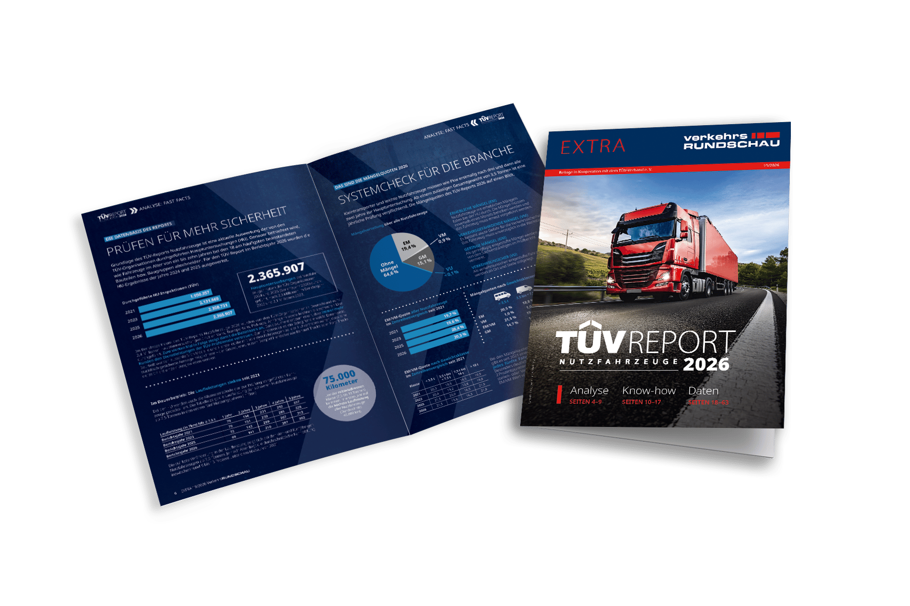 Brochure and report for TÜV Commercial Vehicles 2026, featuring a red semi-truck.