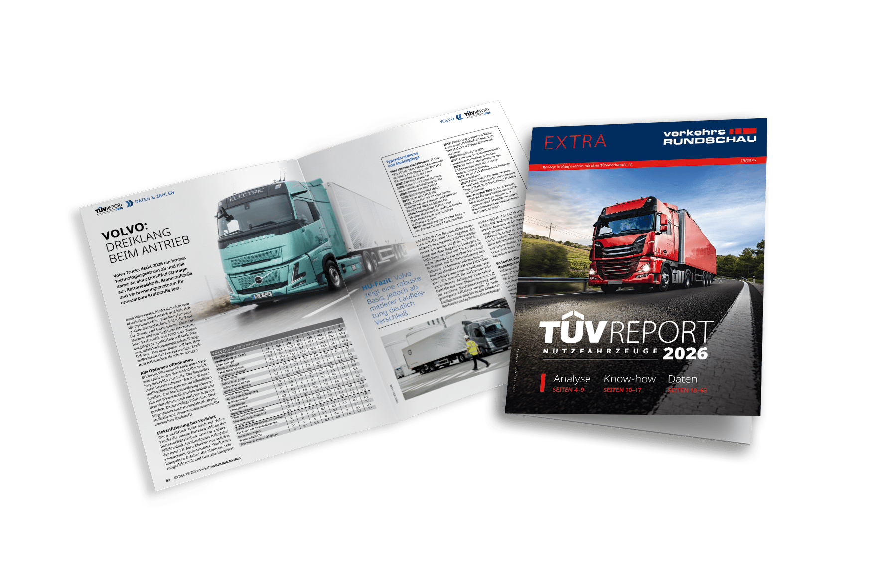 Two magazine issues, one open showing a blue Volvo truck, and one closed showing a red truck on a road.