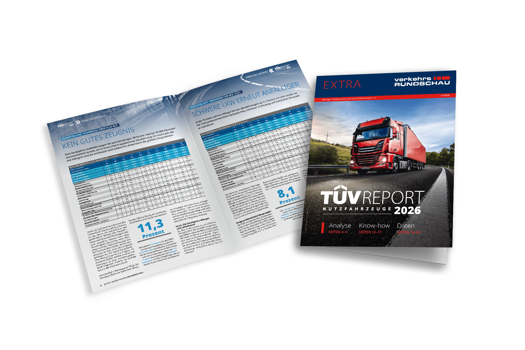 Two 'TÜV Report' magazines, one open and one closed, detailing commercial vehicle inspection results.