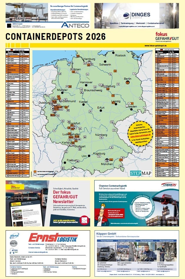 A logistics map showing container depots across Germany for 2026, surrounded by various logistics company advertisements.
