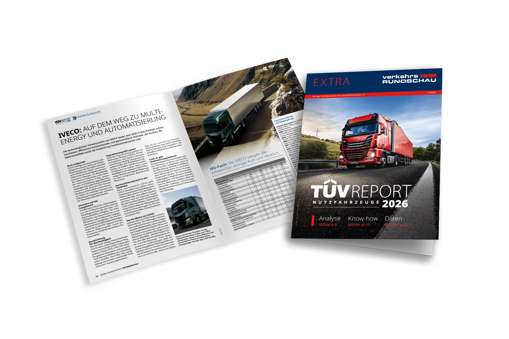 An open brochure and a closed magazine about commercial vehicles, titled TÜV REPORT NUTZFAHRZEUGE 2026.