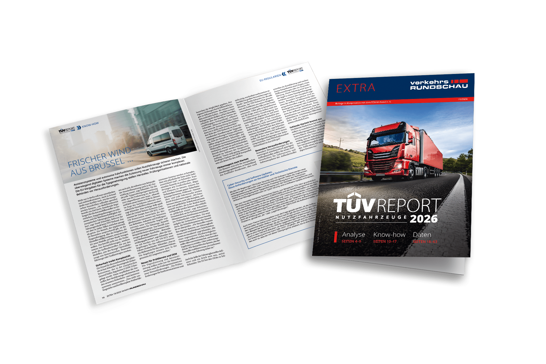 Two open magazines, one showing a white van and the other a red truck, highlighting "TÜV REPORT 2026".