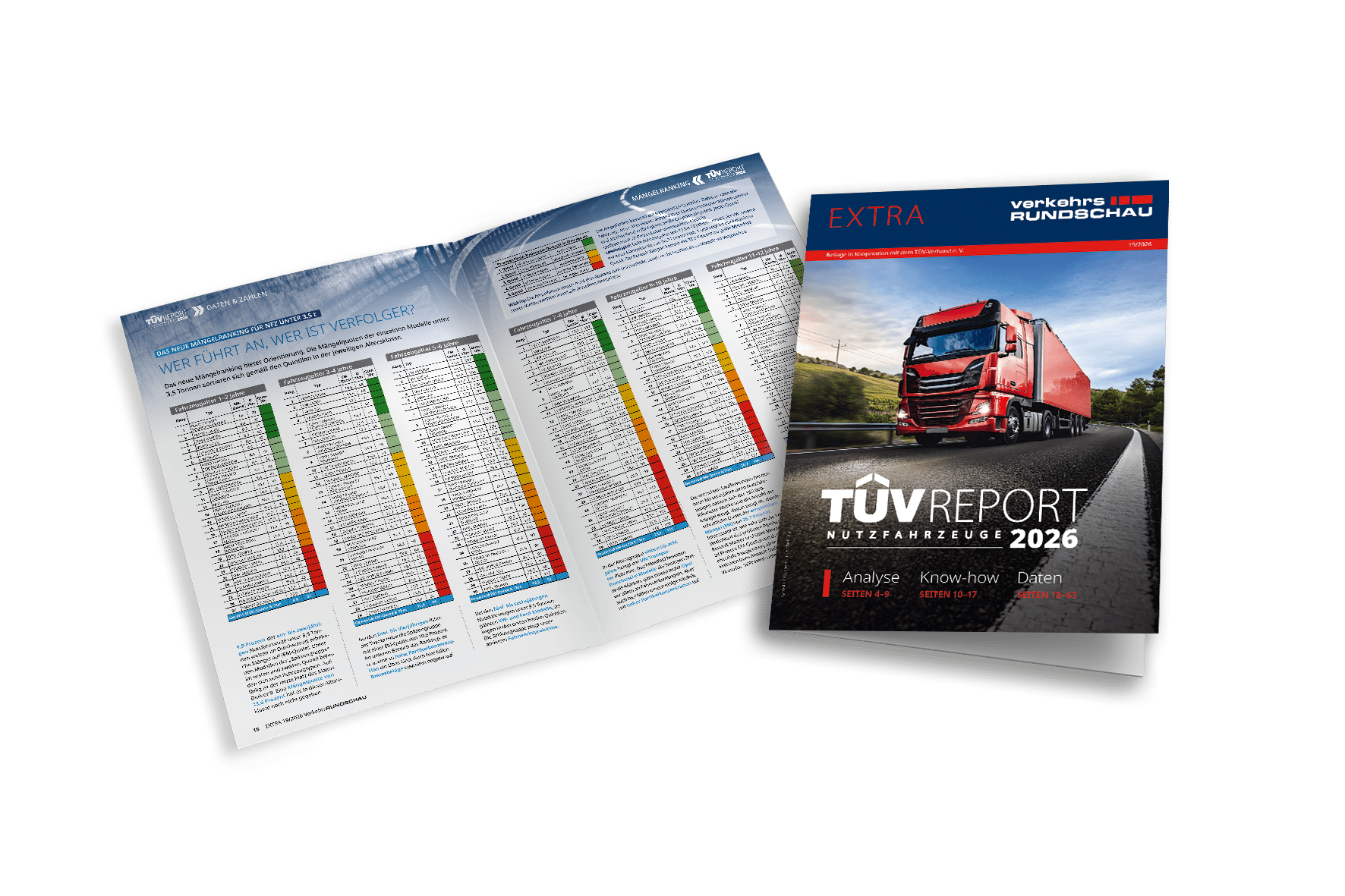 Two German publications, an open spread and a cover, detailing the TÜV Report 2026 for commercial vehicles.