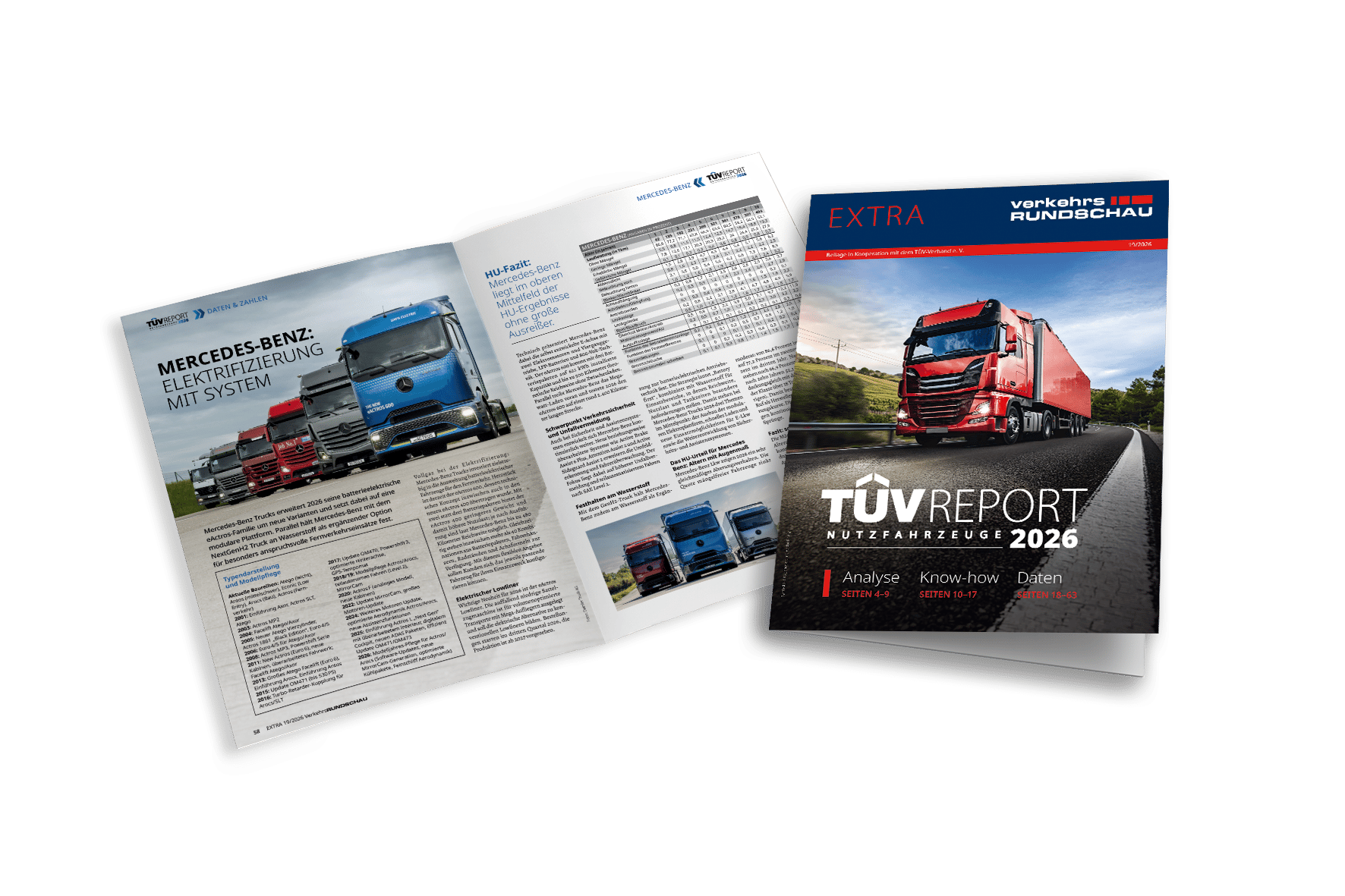 Two German truck magazines, "TÜV Report Nutzfahrzeuge 2026" and "Mercedes-Benz: Elektrifizierung mit System".