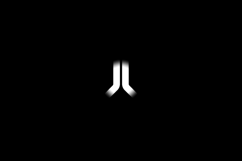 A minimalist design featuring two white, glowing lines on a black background, curving inward at the bottom.