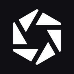 White hexagonal camera aperture icon on black background.
