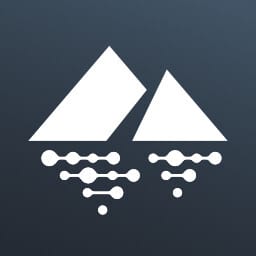 Logo: White mountains over connected white dots on a dark gray background.
