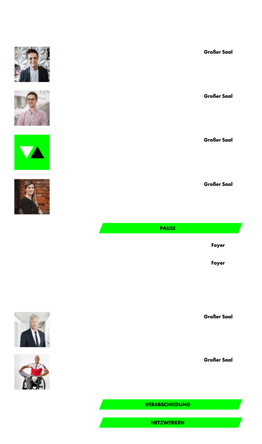 Event timetable with speakers, session times, and locations (Großer Saal, Foyer).