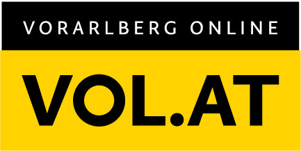 Logo for Vorarlberg Online and VOL.AT, featuring white text on a black band and black text on a yellow band.
