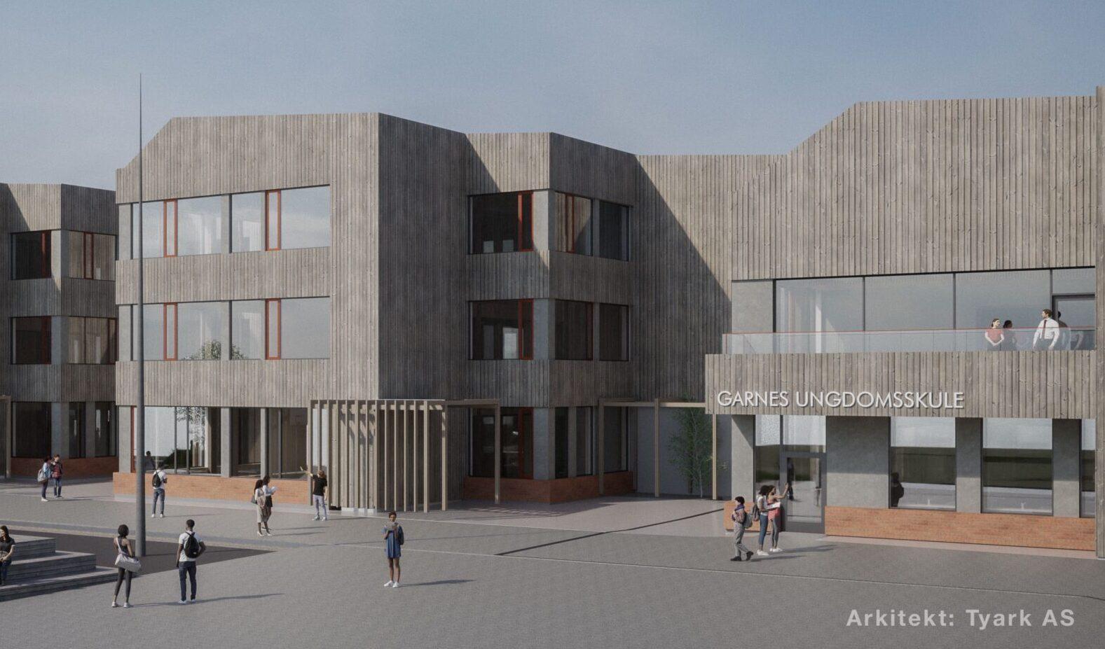 Architectural rendering of a modern school, Garnes Ungdomsskole, with wood facade and people.