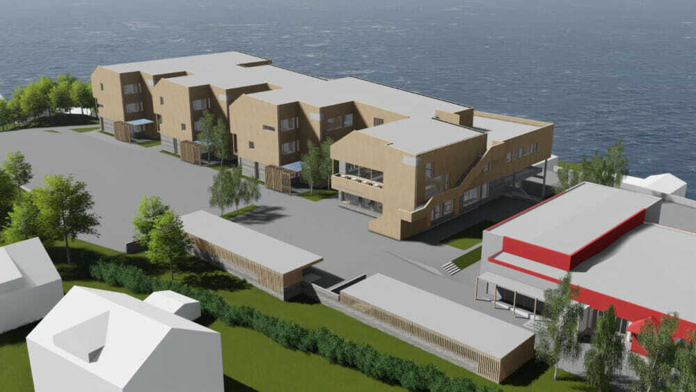Architectural rendering of modern, wood-clad buildings with grey roofs by the water, surrounded by trees.
