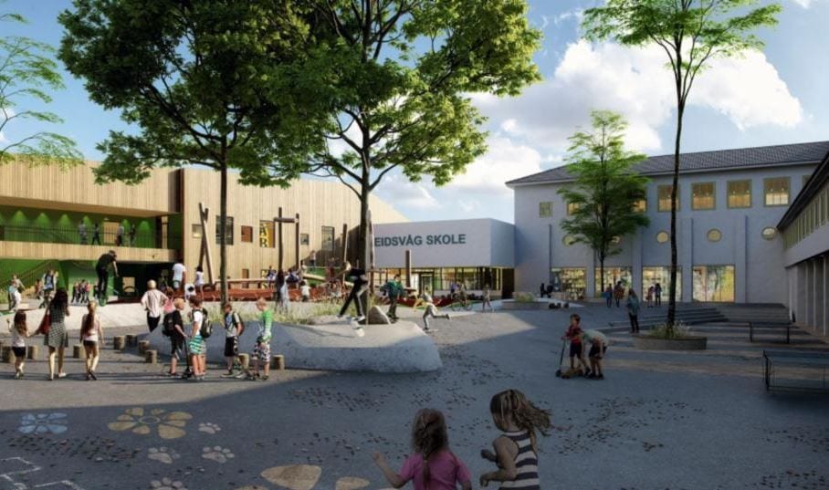 Eidsvåg Skole: Render of a modern schoolyard with children playing and trees.