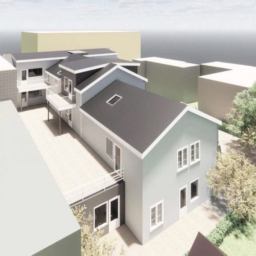 Modern multi-unit housing rendering with grey and blue buildings, balconies.