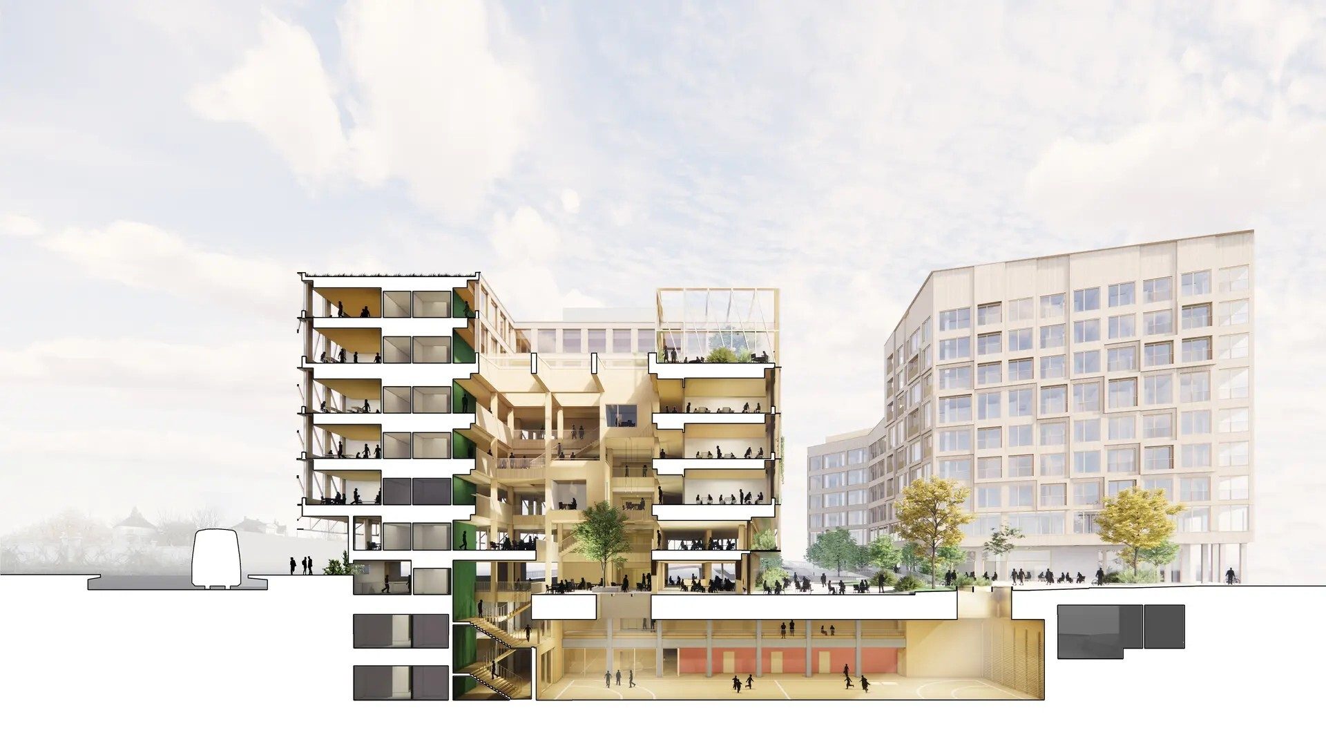 Architectural cross-section of a multi-story building, showing interior spaces, people, and a gym.