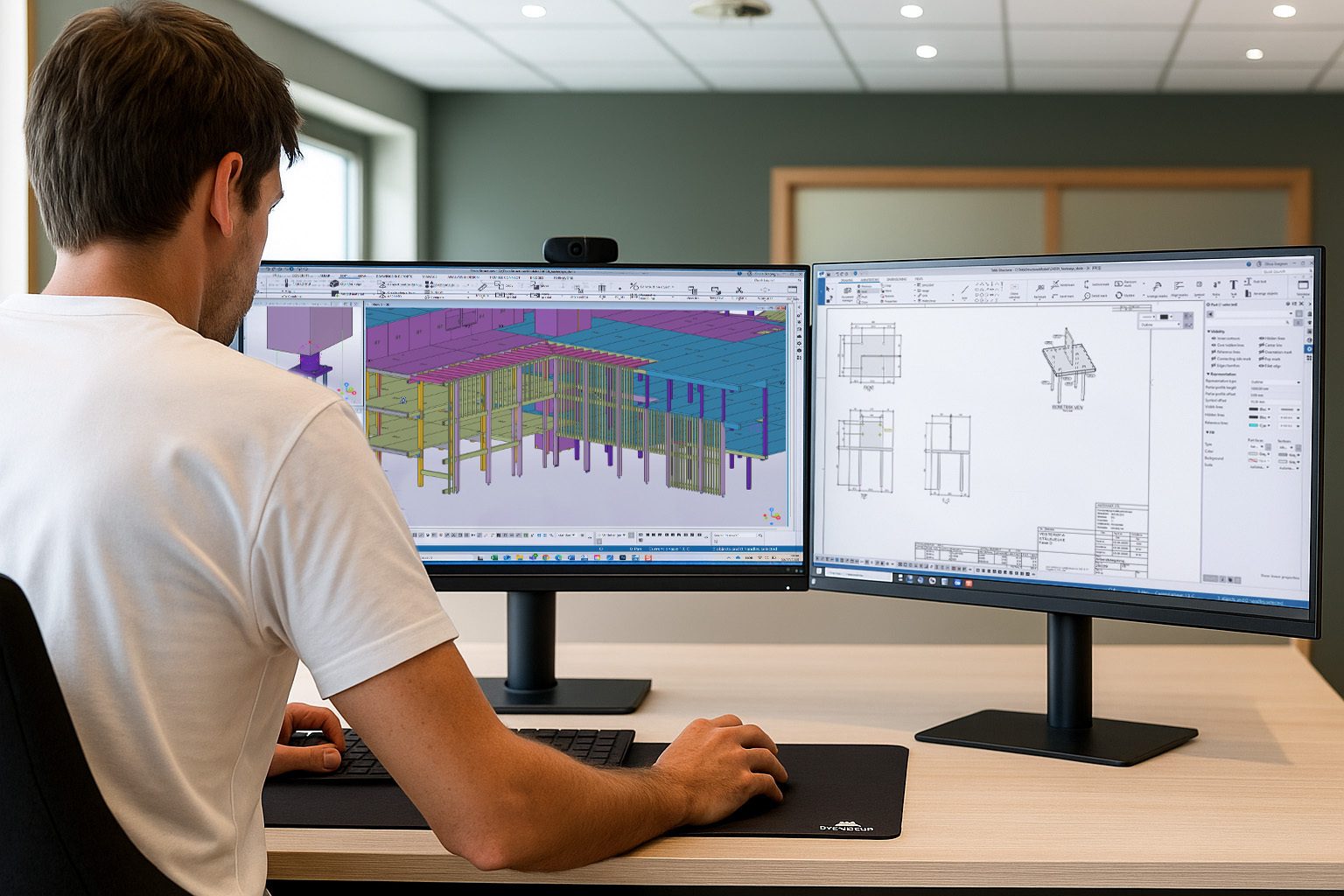 Ny Struktur-ingeniør modellerer en 3D BIM-modell som viser strukturelle komponenter i en hybridbygning av tre og betong