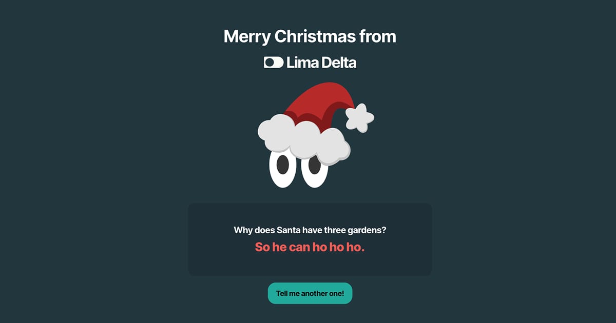A Christmas greeting from Lima Delta with a cartoon Santa graphic, a Santa joke, and a button.