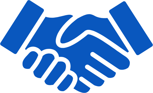 A blue icon depicting two hands shaking, symbolizing agreement, partnership, or greeting.