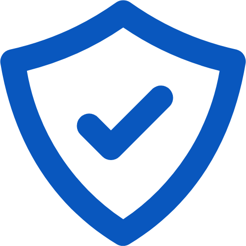 Blue shield icon with a prominent checkmark, symbolizing security, protection, and verification.