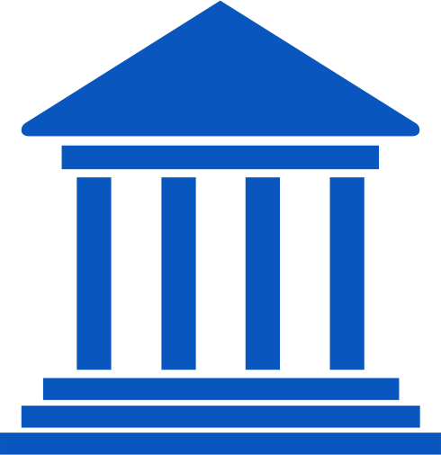 A blue icon depicting a classical building with a triangular roof, four columns, and a stepped base.