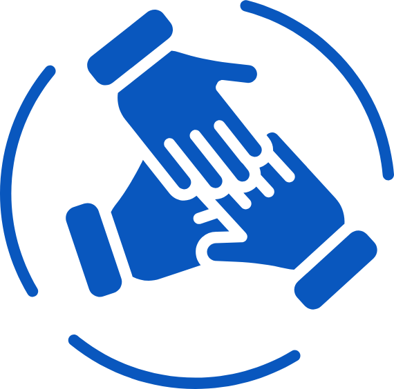 Three blue hands interlocked in a circular formation, symbolizing teamwork, collaboration, and community.