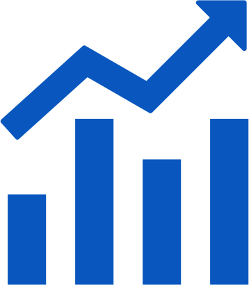 Blue bar chart depicting increasing values with an upward trend line and arrow.