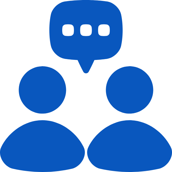Icon of two people with a speech bubble, symbolizing conversation or communication.
