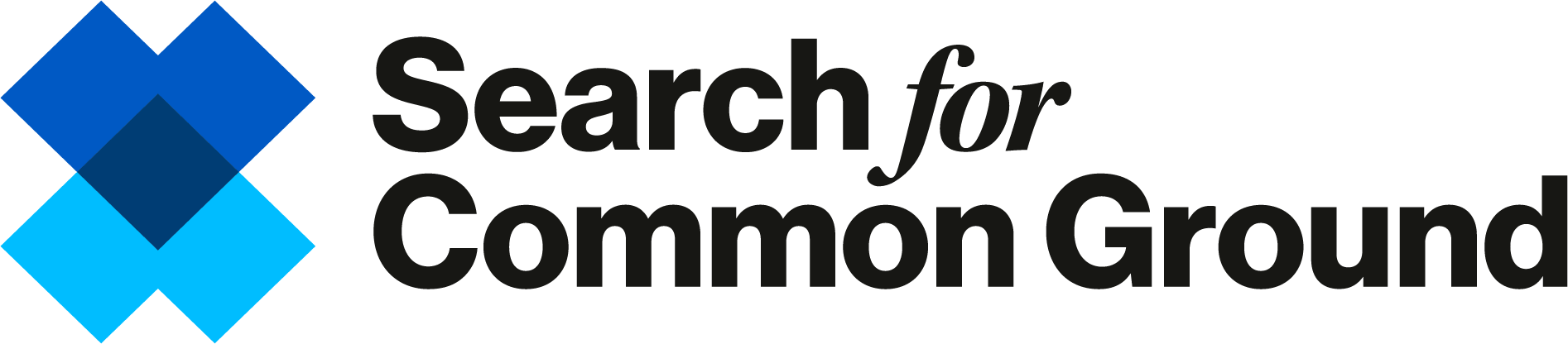 Logo for Search for Common Ground, featuring blue geometric shapes and the organization's name in dark gray text.