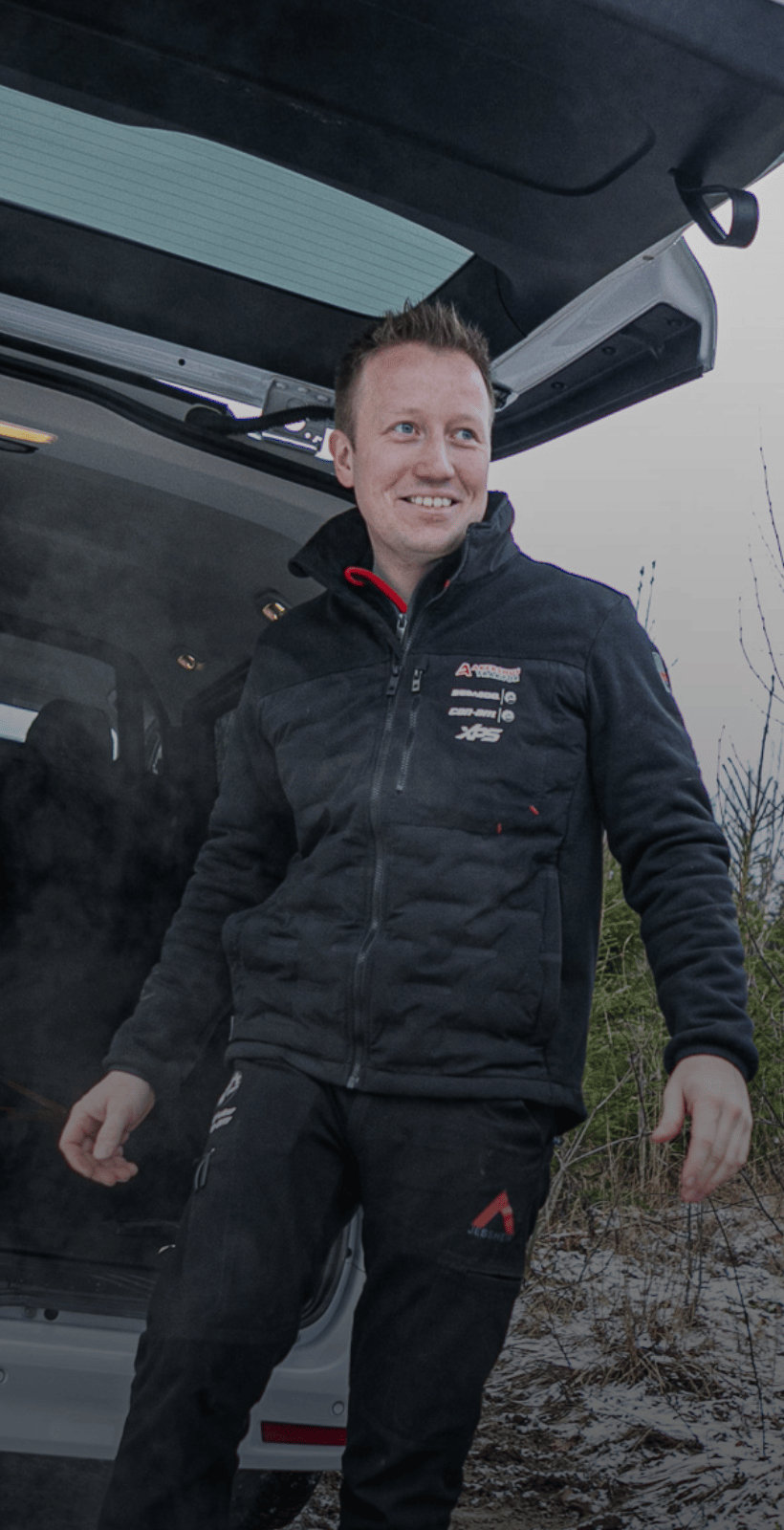 Motor vehicle, Automotive design, Smile, Sleeve, Standing, Jacket