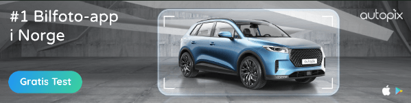 #1 car photo app in Norway banner with a blue SUV, 'Gratis Test' button, and app store icons.