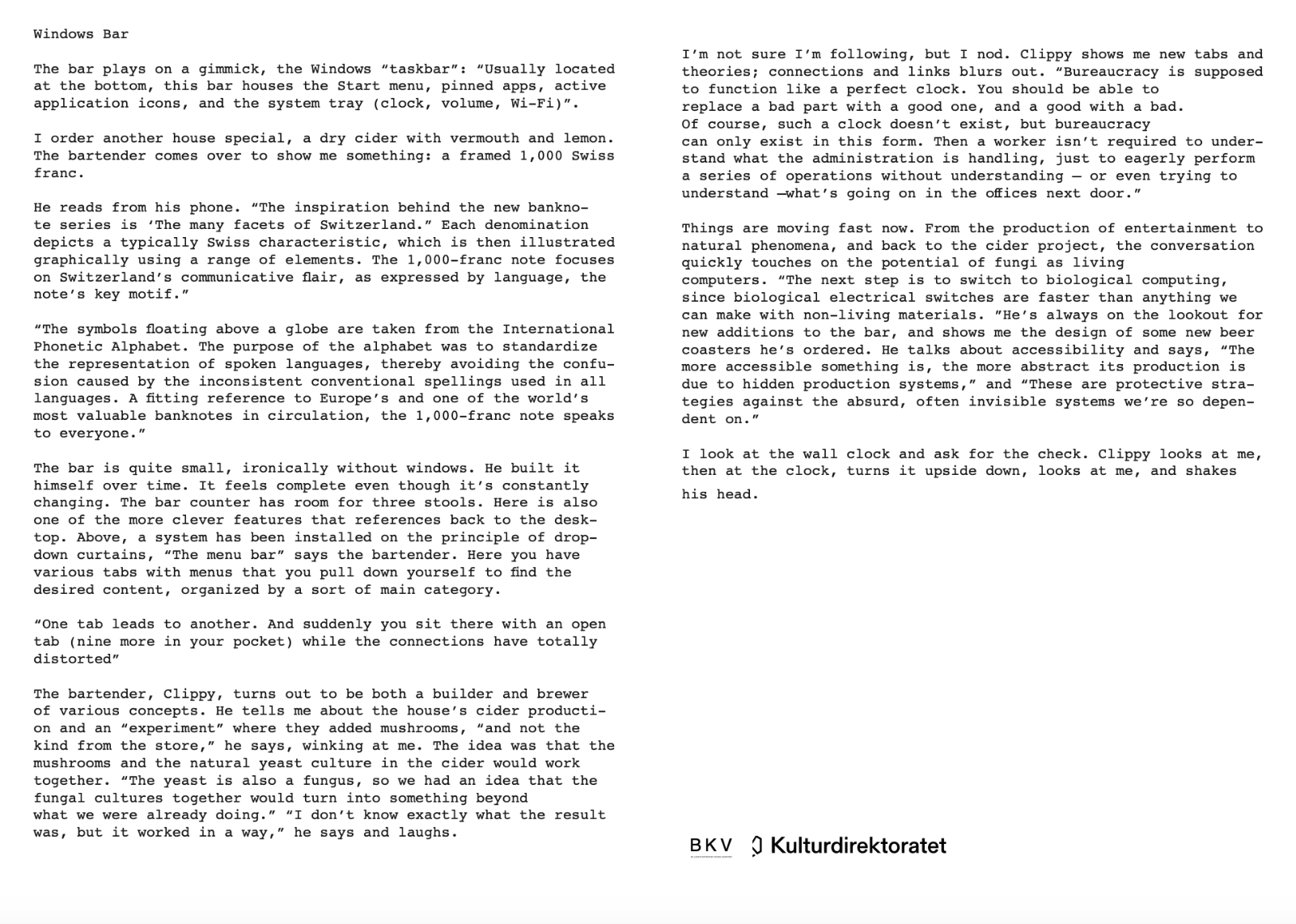 A two-column text page titled "Windows Bar" discussing technology, bureaucracy, and a cider project.
