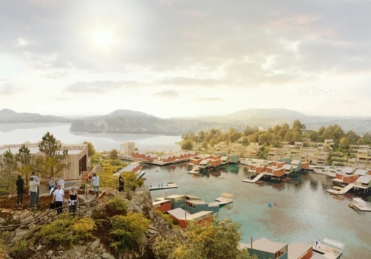 Aerial view of a contemporary floating village and hillside housing on a large lake, with people on a viewpoint.