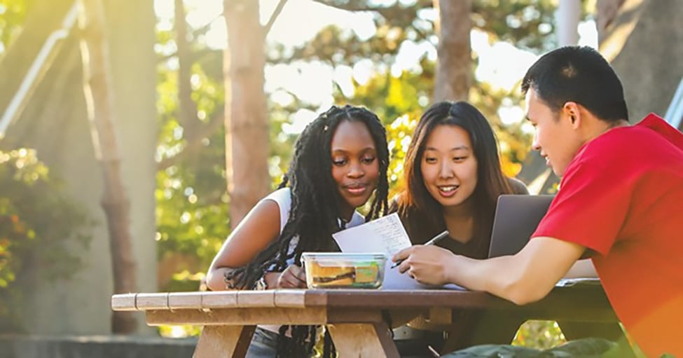 Diverse students collaborate outdoors at a picnic table with a laptop and papers.