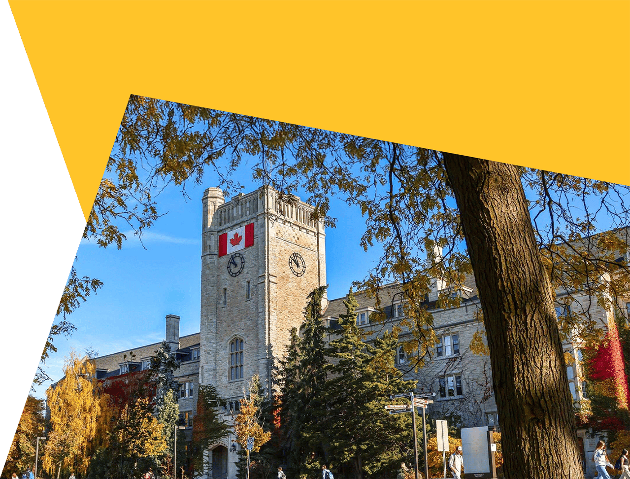 Canadian university clock tower with flag, autumn trees, and graphic overlays.