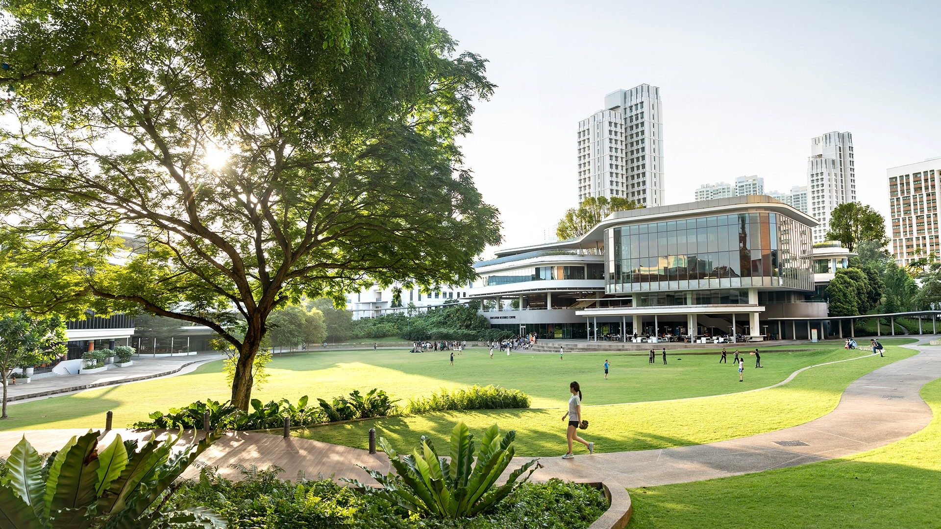 Urban design, Plant, Building, Sky, Daytime, Skyscraper, Tree, Architecture, Grass, Leisure