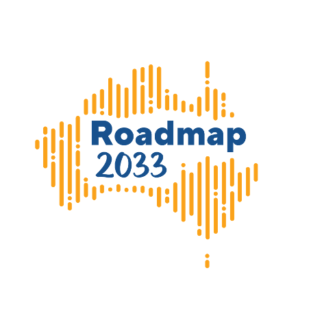 Orange dashed map of Australia with blue text "Roadmap 2033".
