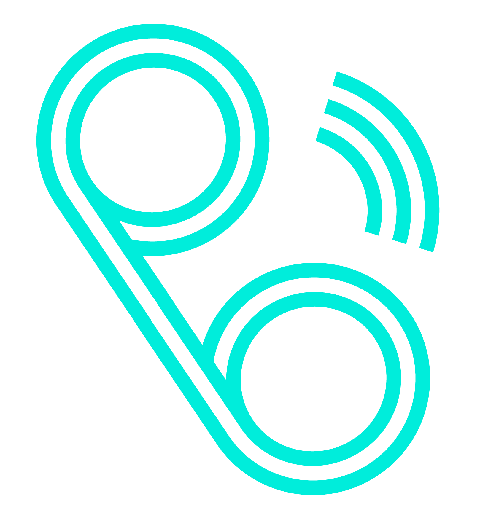 Turquoise line art phone icon with sound waves on a black background.
