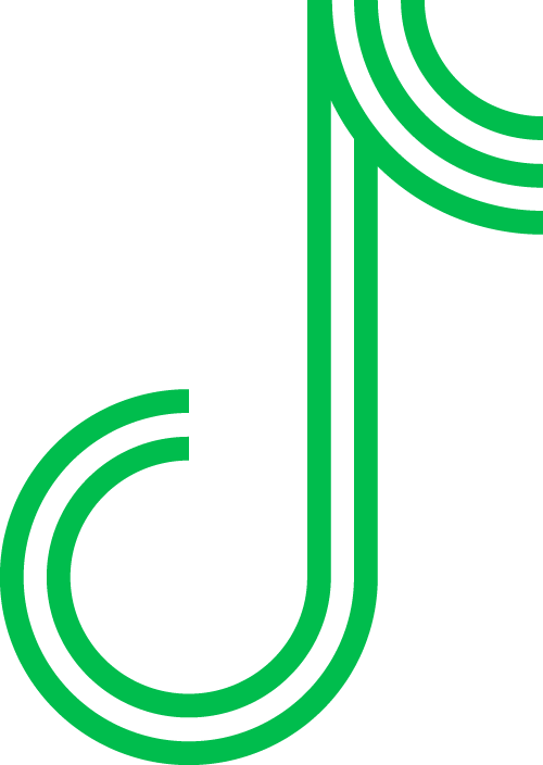 Green double-line eighth note on black.