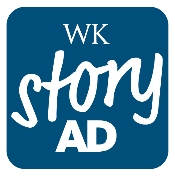 A logo with white text 'WK Story AD' on a dark blue background with rounded corners.