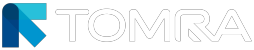 The TOMRA logo features a blue and light blue abstract R-like symbol on the left, followed by the word "TOMRA" in white outline text on a white background.