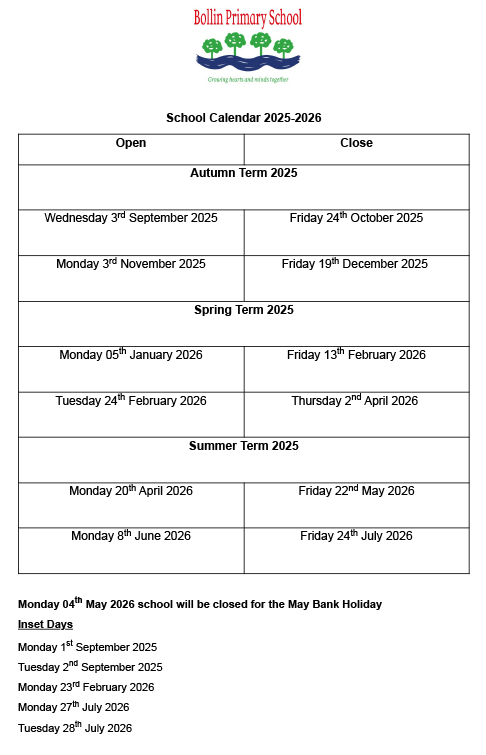 Bollin Primary School Calendar 2025-2026, showing term dates and inset days.