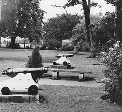 Outdoor bench, Plant, Tree, Cannon, Black-and-white, Grass