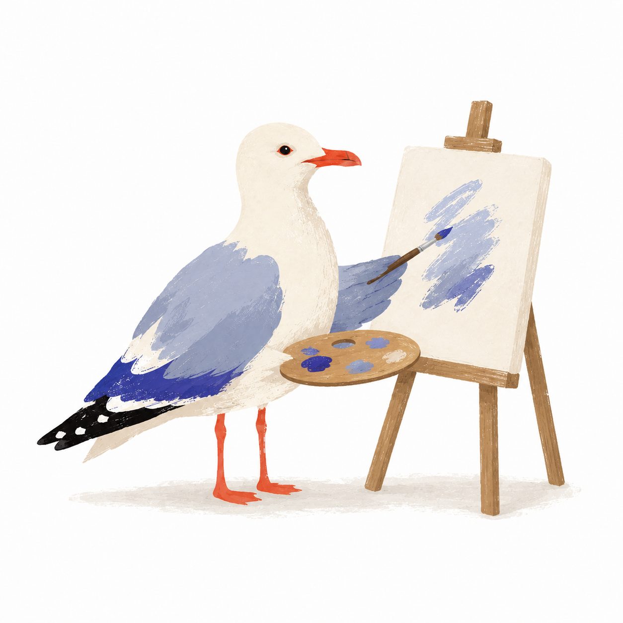 A cartoon seagull with a blue tail and orange beak, painting blue strokes on an easel with a paintbrush and palette.