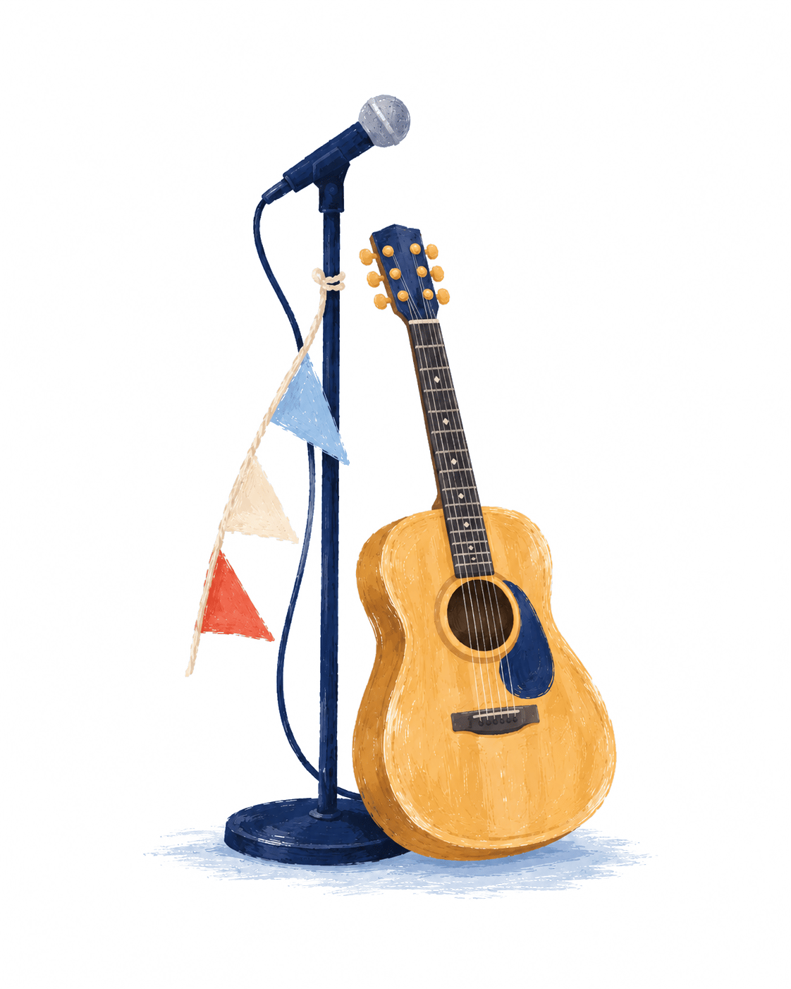Textured illustration: Acoustic guitar leaning on a mic stand with colorful bunting.