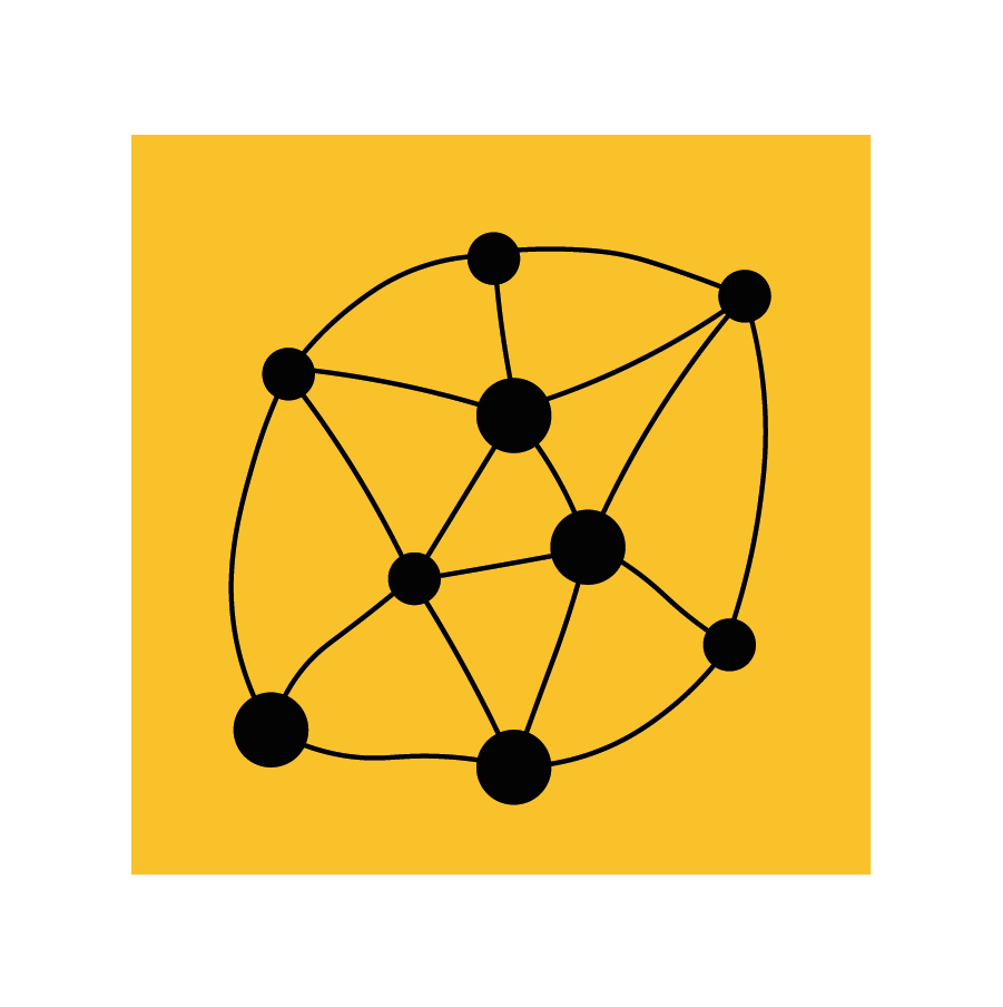 A network diagram with black nodes and lines on a yellow background.