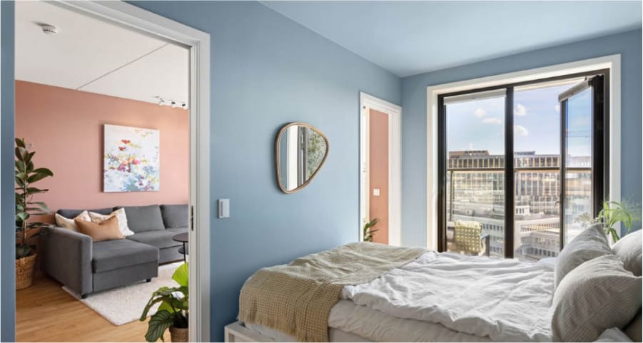Picture frame, Interior design, Mirror, Furniture, Building, Comfort, Azure, Wood, Door, Plant