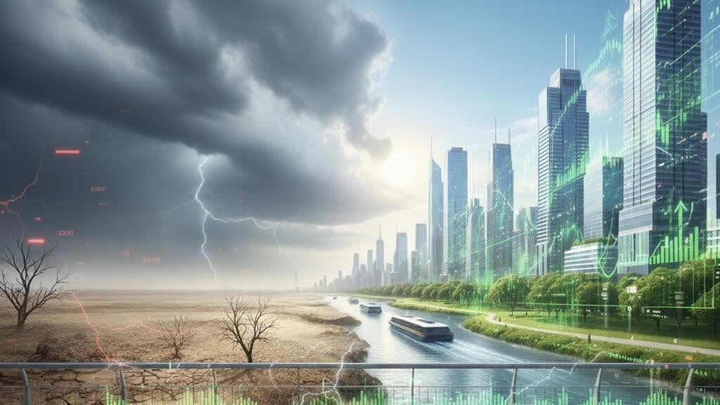 Stormy, barren land with red data contrasts a sunny, green city with growth charts.